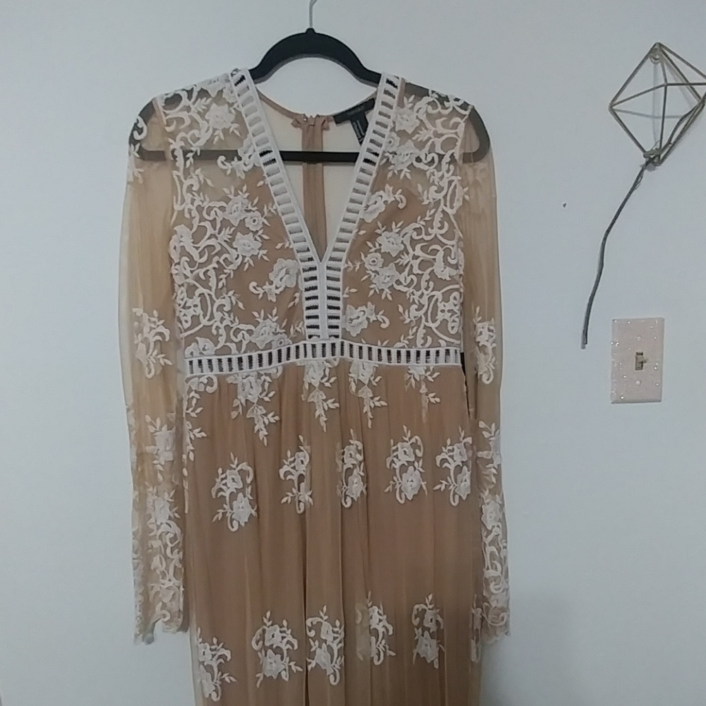 Nude Embroidered Mesh Maxi Dress